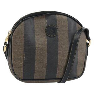 Authentic FENDI Pecan Canvas Shoulder Bag PVC Black Brown gold